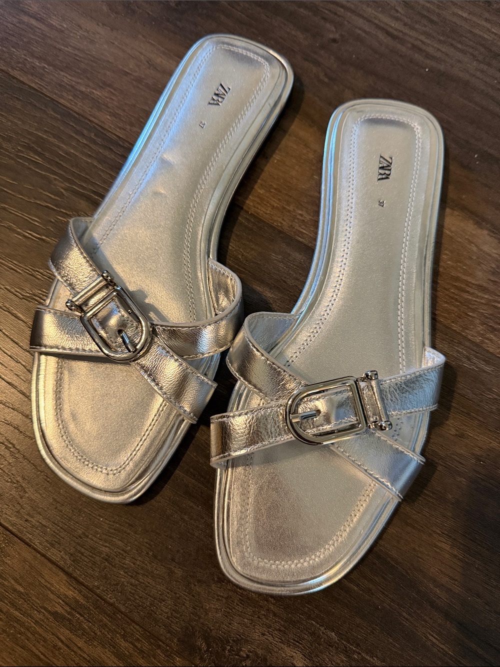ZARA Leather Metallic Silver Buckle Slide Sandals